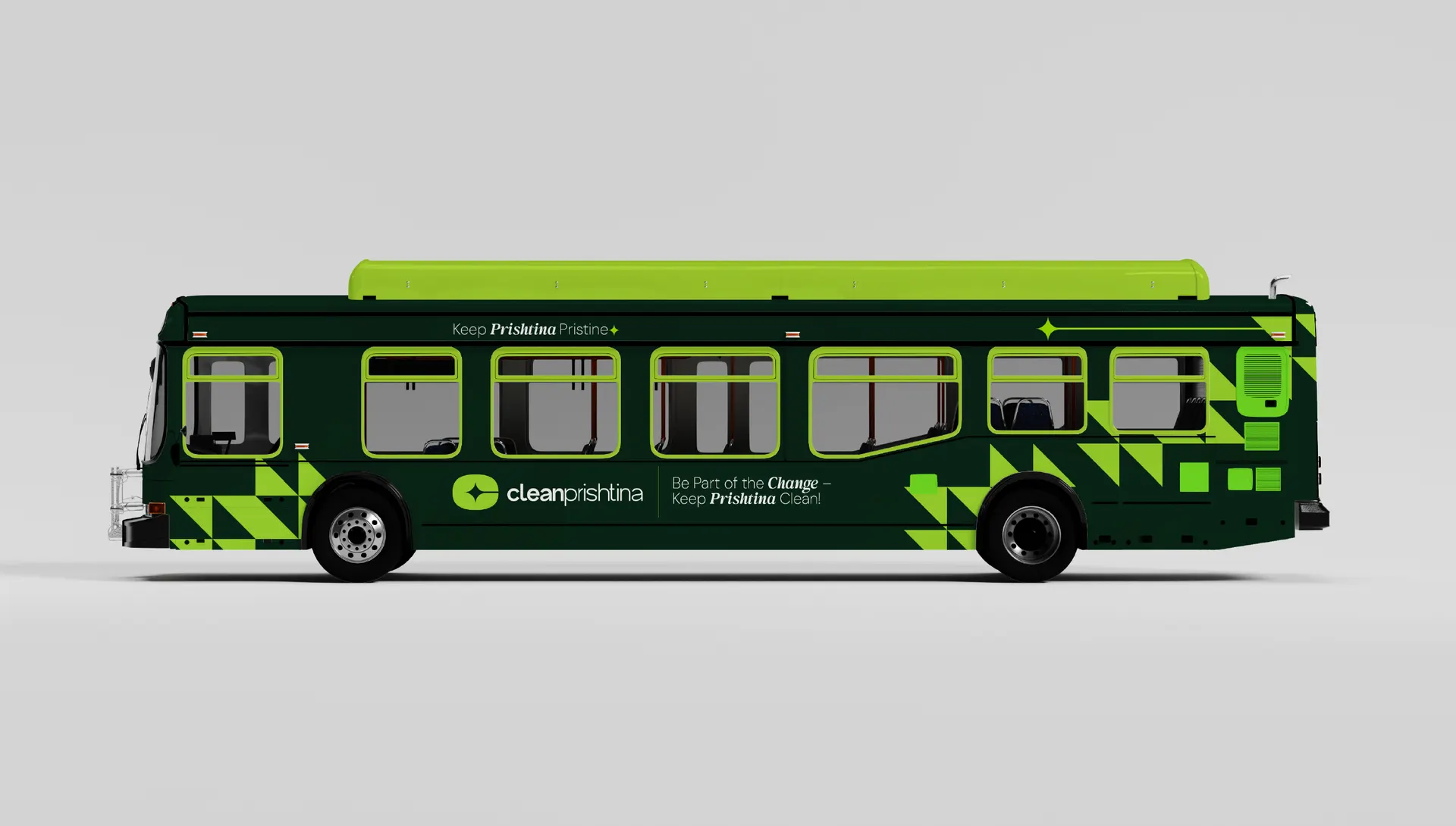 A Prishtina city bus wrapped in Clean Prishtina green, reading Keep Prishtina Pristine