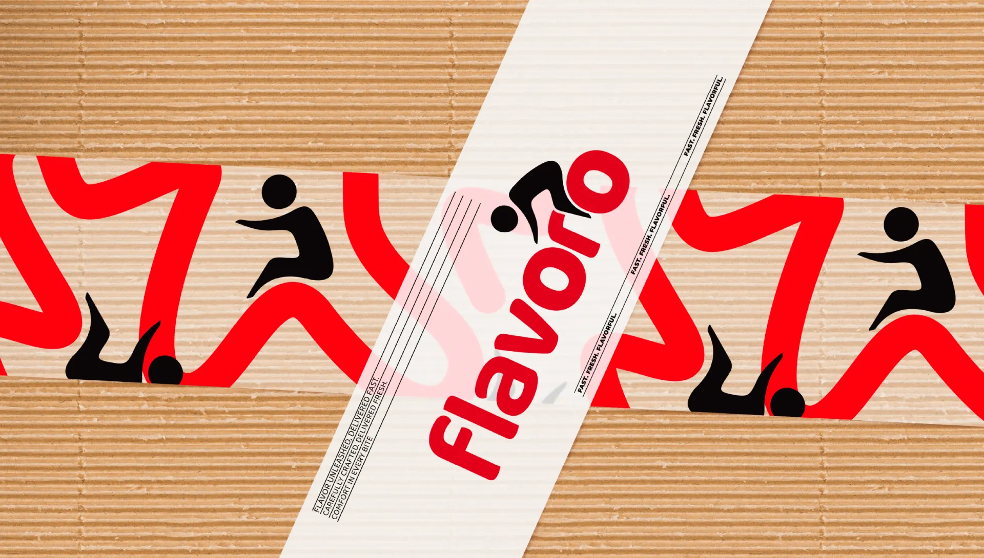 Flavoro packaging tape crossing corrugated cardboard, printed with the red running figure pattern