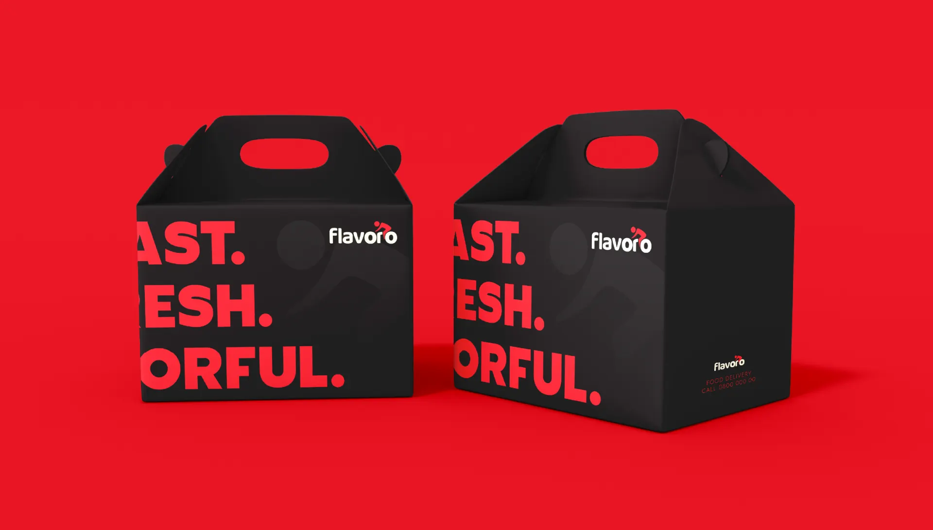 Two black Flavoro takeaway carry boxes on red, reading Fast. Fresh. Flavorful.