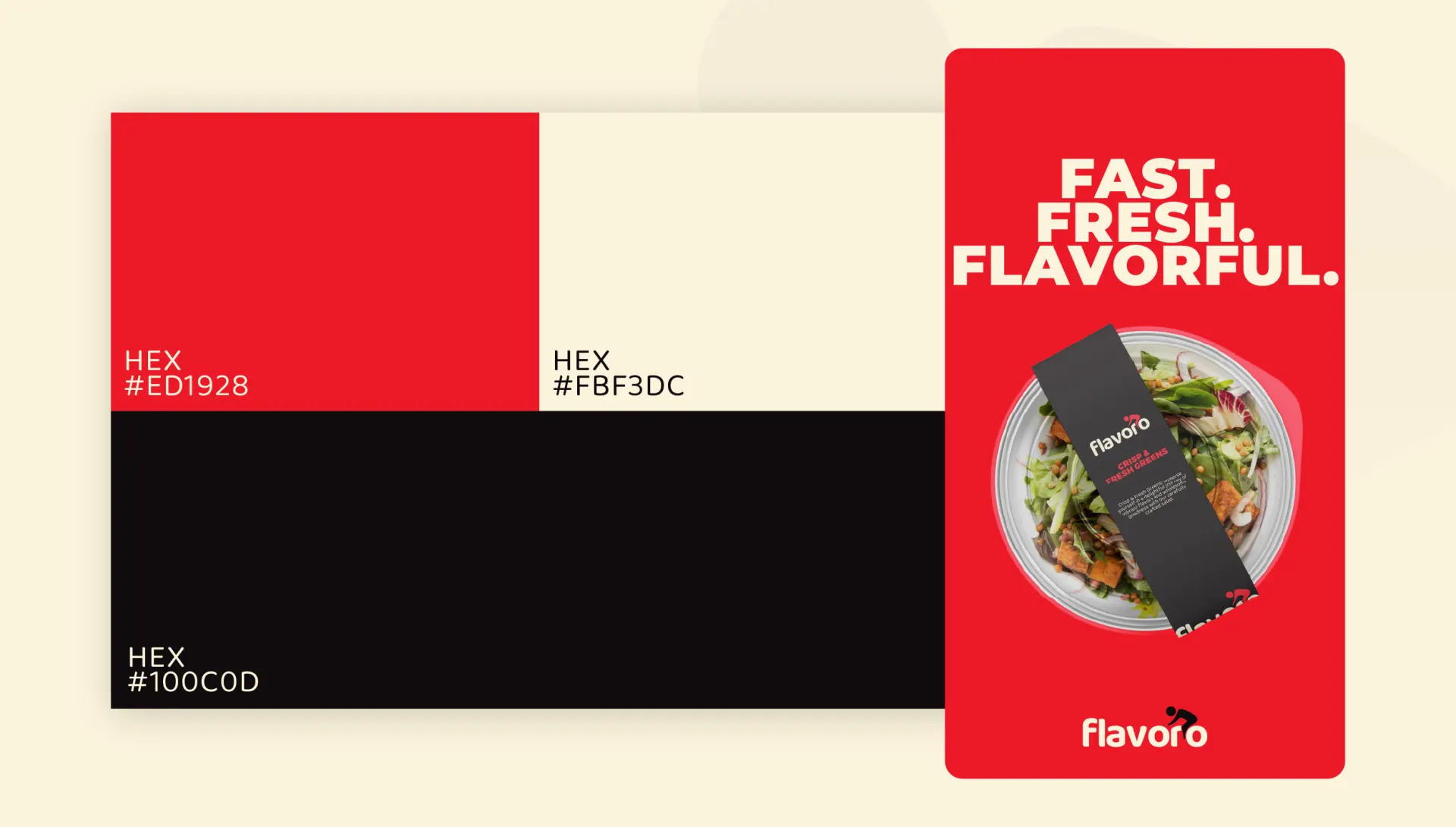 The Flavoro colour palette in red, cream and black, beside a Fast. Fresh. Flavorful. card
