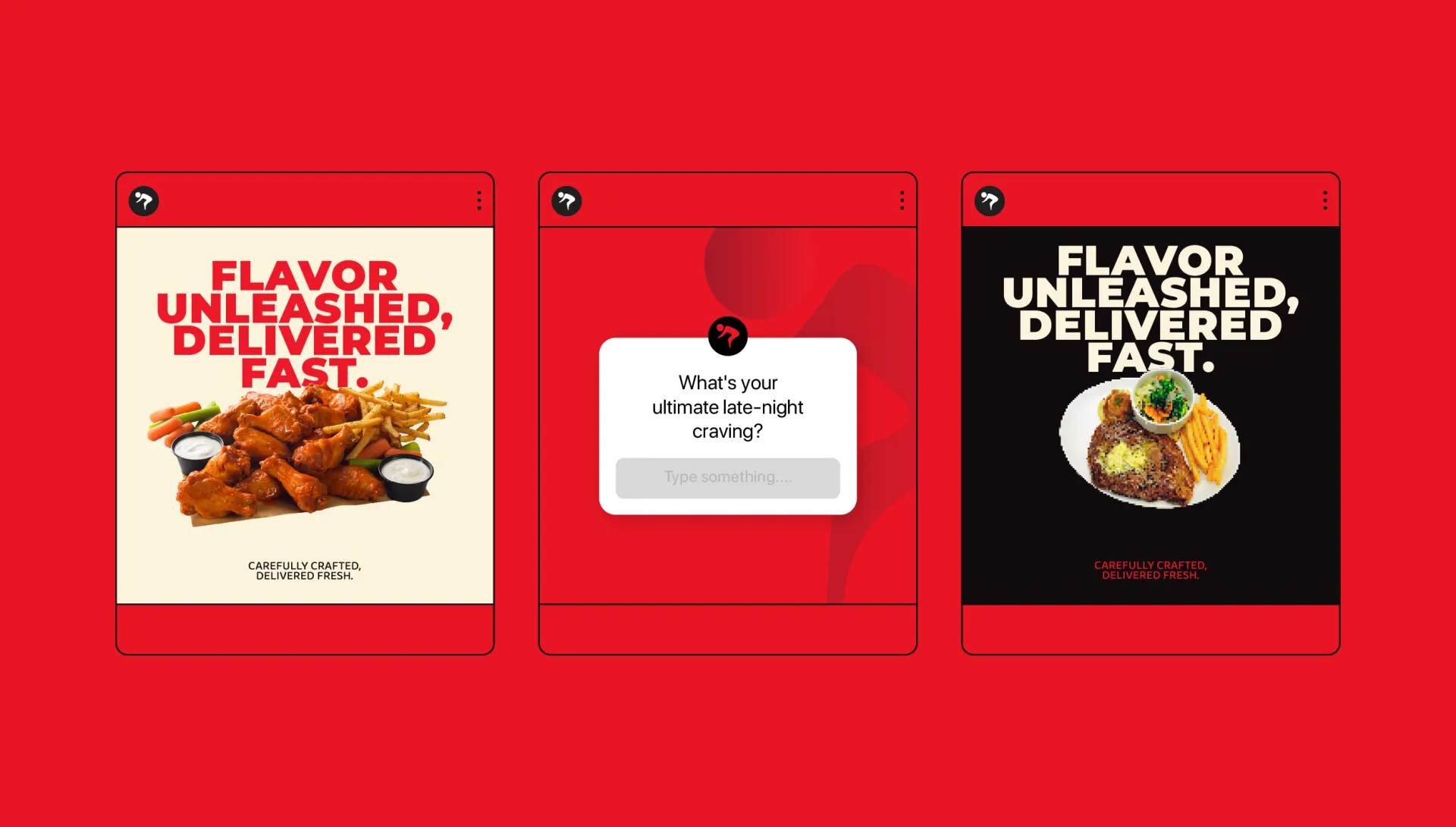 Three Flavoro social posts: a wings platter, a late night craving question and a plated meal