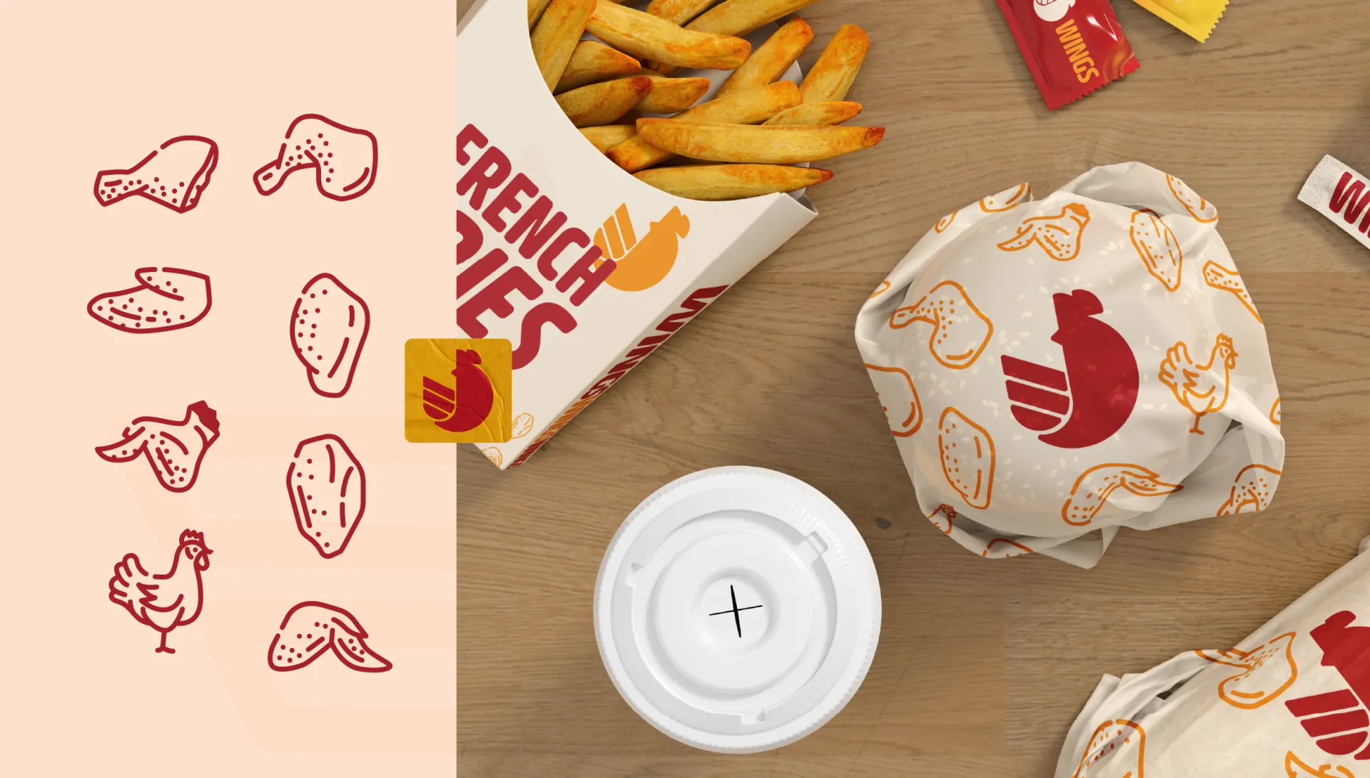 Wings brand identity: chicken wing line illustrations beside a branded fries box, sauce sachets and a burger in patterned wrapper