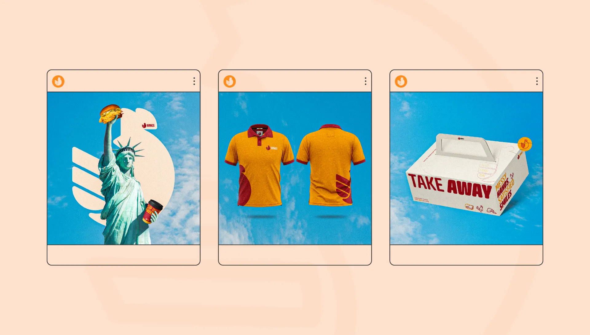 Three Wings social posts: a Statue of Liberty composite, branded polo shirts and a takeaway box